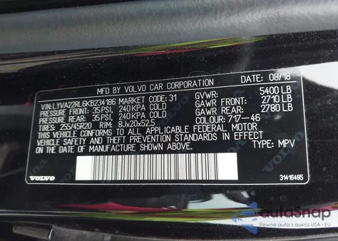 2019 Volvo Xc60 T6 Inscription z USA, uszkodzony, nr VIN LYVA22RL6KB234186